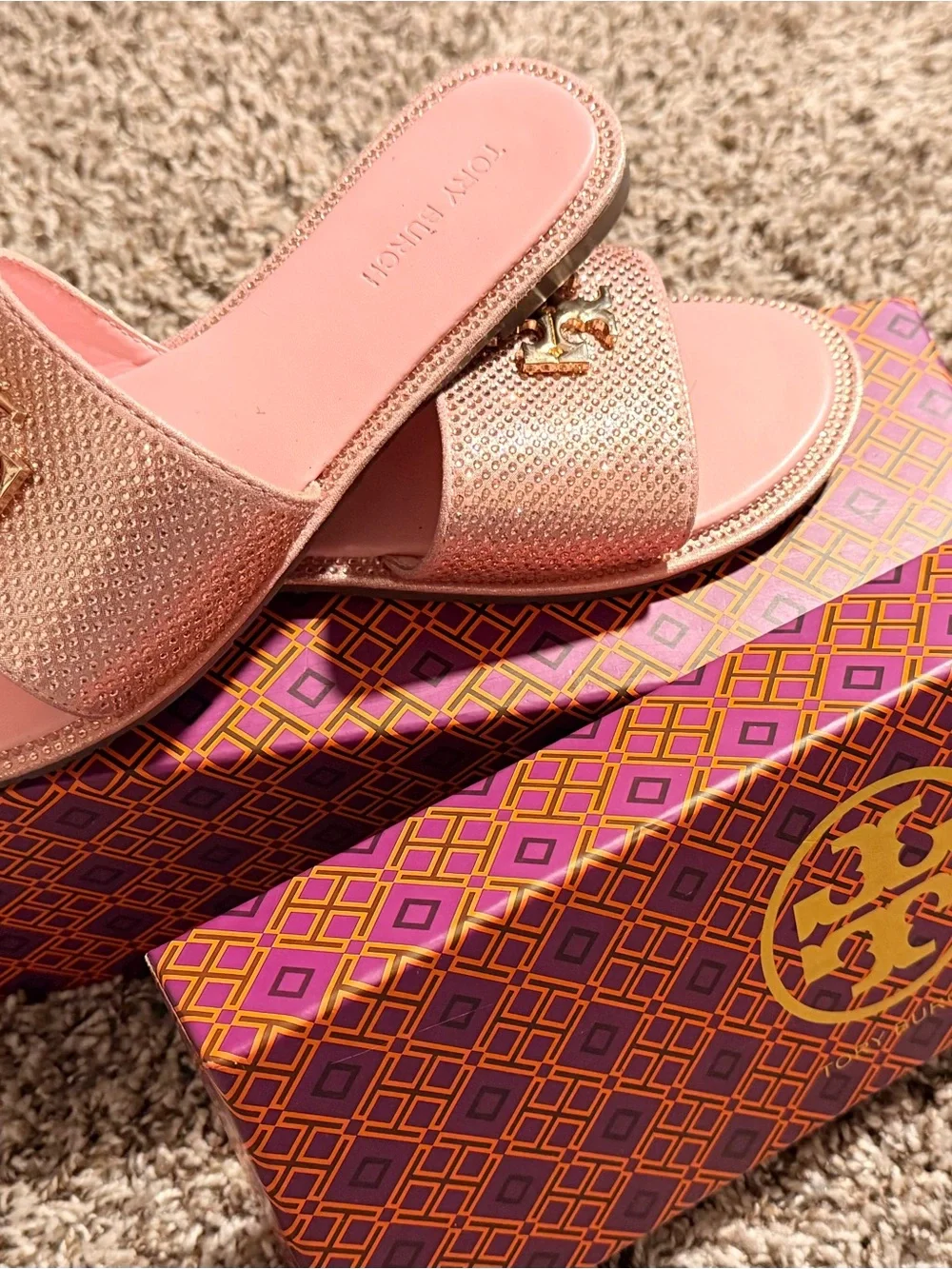 Tory Burch Metallic Rose Gold Logo Slide Sandals